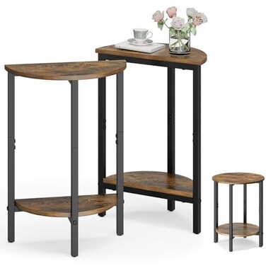 Vagusicc Side Table, Small Round End Table, Set of 2 Half Round Side Table for Living Room, 2 Tier Small Couch Side Tables, Round Coffee Table, Thin Accent Sofa Table Narrow Entryway Table, Brown