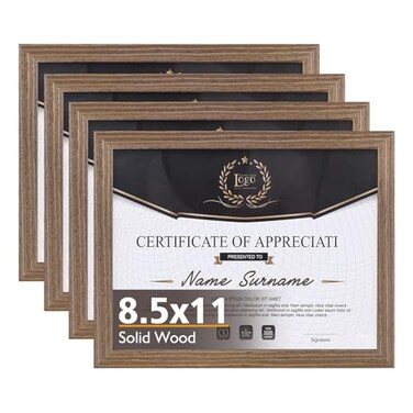 KINLINK 8.5x11 Picture Frame Brown Wood, Solid Wood Diploma Frames with Acrylic Plexiglass for Pictures, Certificate Degree Document Frame Tabletop and Wall Mounting Display, 4 Pack