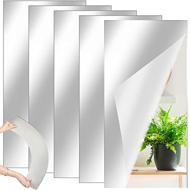 Queekay 5 Pcs Mirror Tiles 12" X 24", 2mm Acrylic Self Adhesive Sheets