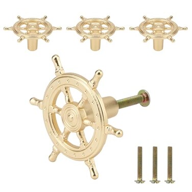 Brosay 4 Pcs Ship Rudder Knobs Nautical Wheel Drawer Pulls (Gold