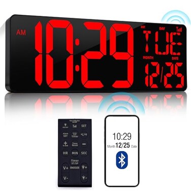 CYMHCHL 17.2" Large Digital Wall Clock Bluetooth Auto Sync Time Big Timer Red