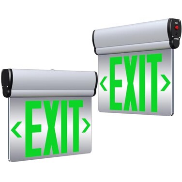 SASELUX Led Edge-Lit Exit Sign ,Brushed Aluminum Housing Double-Sided Mirrored Rotating Acrylic Panel,Hardwired Emergency Exit Signs with Battery Backup, 120V-347VAC,Green Led Emergency Exit Light for