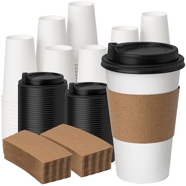 YEEHAW 16 oz 100 Pack Disposable Coffee Cups with LidsSleeves