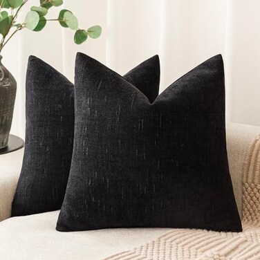 Foindtower Solid Textured Chenille Throw Pillow Covers 24x24 Inch,Black