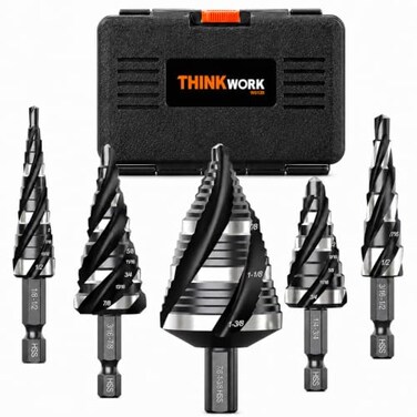 THINKWORK 5Pcs HSS Step Drill Bit, 4 Spiral Flute Unibit for Metal-59 Steps