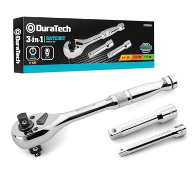 DURATECH 3-IN-1 Ratchet Handle, 1/4", 3/8", 1/2", with 2 Extension Bars