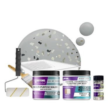 Beyond Paint Smoked Gray Flecks Countertop Makeover Kit with Paint, Sealer, Flecks, and Tools for Countertops, Soft Gray