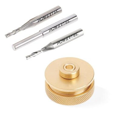 POWERTEC Router Inlay Kit, Solid Brass Bushing Guide Set w/ Alignment Pin, Tungsten Carbide 1/8" UpcutDowncut Spiral Bits for Router Templates, 1/4" Shank, 1/2" Cutting Depth (72028V