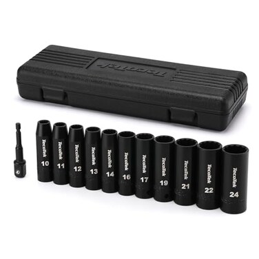 TecoTek 12 Pieces 1/2-Inch Drive Deep 12-Point Metric Impact Socket Set, Cr-V, 10mm to 24mm, Drill Socket Adapter 1/2