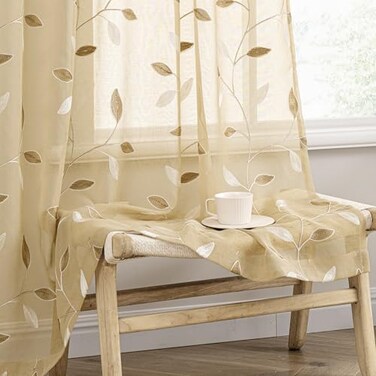 MIULEE Beige Sheer Curtains 2 Panels Embroidered Leaf Patterned, W52 x L84