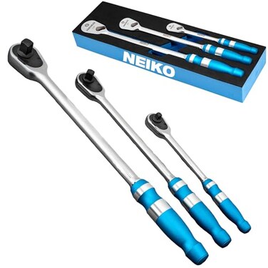NEIKO 03006A Flat Head Ratchet Set - 3 Piece Low Profile 1/4, 3/8, 1/2 Inch Drive, 90 Teeth, Anodized Textured Grip Handle, Long Handle, Sealed Head, Cr-Mo