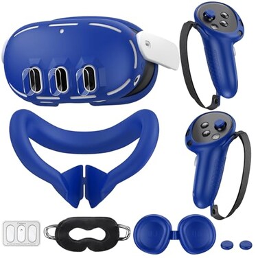 KANG YU Silicone Cover Set Compatible with Meta/Oculus Quest 3, VR Silicone Face Cover, VR Shell Cover,Touch Controller Grip Cover,Camera Lens Protector Set (Blue