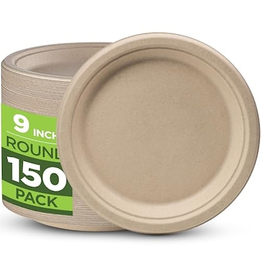 Munfix 100% Compostable Paper Plates 150 Pack, 9 Inch Brown Round Heavy Duty