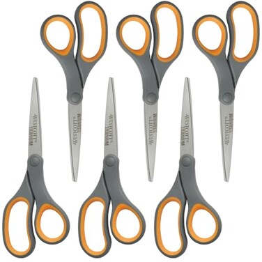 Westcott Titanium Bonded Scissors, Soft Handle, 8", Straight, Gray/Yellow, 6-Pack