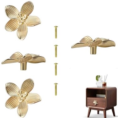 Brosay 4 Pcs Gold Brass Flower Dresser Knobs Brushed Cabinet Pulls (Gold