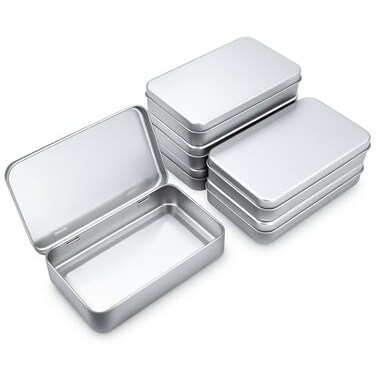 Thintinick 6 Pieces Rectangular Metal Hinged Tins Containers, Silver, 5.9x3.5x1.2
