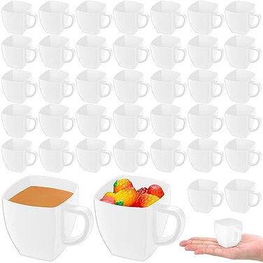 Amyhill 100 Pcs Mini Disposable Tea Cups with Handle, 2oz Hard Plastic Coffee Mug Bulk Plastic Square Disposable Espresso Cups for Wedding Tea Party Catering Dessert Sampling (White