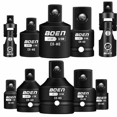 BOEN 10-Piece Impact Socket Adapter and Reducer Set, Standard SAE 1/4" 3/8" 1/2" 3/4", CR-MO Steel DriverWrench Conversion Kit Socket Reducer with 3/8"1/2" Universal Joint