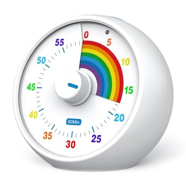 kiecky squirrel Visual Timer for Kids, 60-Minute Countdown for Classroom Office Kitchen, Desk Timer Kids Time Management Tools with Silent Operation, Pomodoro Timer Rainbow Pattern(White