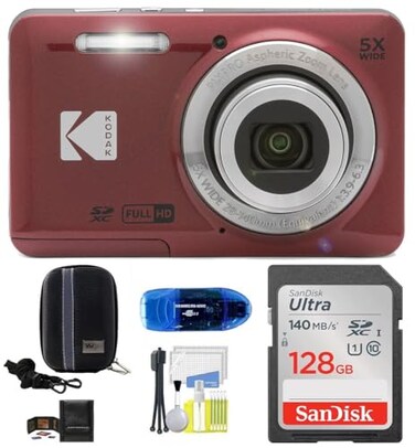 Kodak Pixpro FZ55 Digital Camera Bundle, Includes: SanDisk 128GB Memory Card, Hard Shell Camera Case, SD Card Reader and More (6 Items(Red