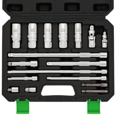 TecoTek 17-Pieces Drive Tool Accessory Set, Spark Plug Socket Set, Includes 1/4"3/8” Drive Extension Bar, Socket Adapter, Universal Joints, Spark Plug Sockets, Professional Socket Accessories, Cr-V