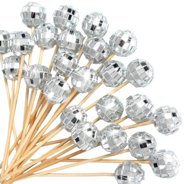 Hushee 100 Pcs Disco Ball Cocktail Picks Stirrers, Bamboo Silver
