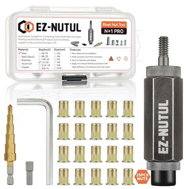 EZ-NUTUL Rivet Nut Installation Tool Set Flat Head Rivnut Threaded Insert Nut Kit SAEMetric for Metal Heavy Duty Zinc Plated Nutsert (1/4-20(Rivet Nut Tool-25pcs
