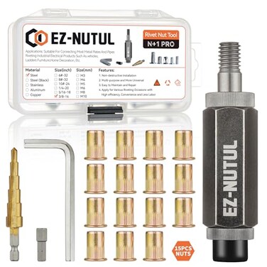 EZ-NUTUL Rivet Nut Installation Tool Set Flat Head Rivnut Threaded Insert Nut Kit SAEMetric for Metal Heavy Duty Zinc Plated Nutsert (3/8-16(Rivet Nut Tool-15pcs