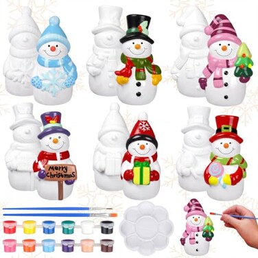 Eersida 6 Sets Ceramic Snowman Gnomes DIY Paint Kit Winter Figurines