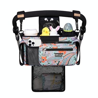 TOPDesign Universal Baby Stroller Organizer, Stroller Caddy with Detachable Mesh BagHeightened Insulated Cup HoldersNon-Slip Secure Hooks Accessories, Fits Most Strollers (Green Bandanna