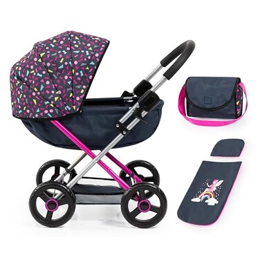 Bayer Pram Cosy Doll Stroller Set, Foldable NavyPink Toy for 18" Dolls