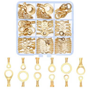 QOOSIKICC 160 Pcs Copper Ring Terminals, M3/M4/M5/M6/M8/M10 Brass Wire Connectors, Open Barrel Wire Ring Cable Lugs Crimp Kit, Brass Copper Ring Crimp Cable Terminals Electrical Terminals Kit