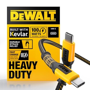 DEWALT Heavy Duty 100W USB C Cable, Jobsite 100 Watt USB C Cable, 4 ft