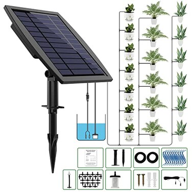 JIYANG Solar Automatic Drip Irrigation Kit System, Solar Powered Auto Easy DIY Watering Device Supported Pots Plants, 12 Timing Modes with Anti-Siphoning Device (Supported 20-30 Pots, 12Timing Modes