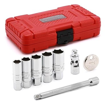 EMENTOL 8PCS 3/8" Drive Spark Plug Socket Set, SAEMetric, 6-Point Socket Set, Universal Joint, 6-Inch Extension Bar, Spark Plug Gap Gauge