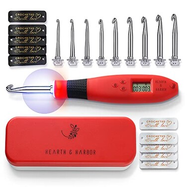 HearthHarbor Light Up Crochet Hook Set with Case, Counting Crochet Hook Set Digital for Stitch and Row Counter, Lighted Crochet Hook Set with 9 Interchangeable Crochet Hooks