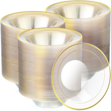 Tanlade 100 Pcs 12 oz Plastic Disposable Bowls, Gold Rim, Clear