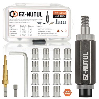 EZ-NUTUL Rivet Nut Installation Tool Set Flat Head Rivnut Threaded Insert Nut Kit SAEMetric for Metal Heavy Duty Zinc Plated Nutsert (3/8-16(Rivet Nut Tool-12pcs, Stainless