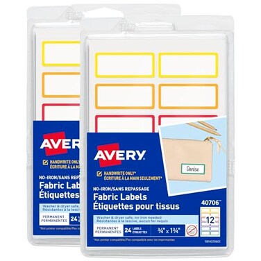 Avery No-Iron Fabric Name Labels, Rainbow Borders Preprinted Designs, Handwrite-Only, 2-Pack, 48 Preprinted Labels (22281