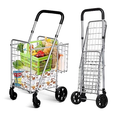 IRONMAX Foldable Grocery Shopping Cart with Adjustable Handle, Sliver