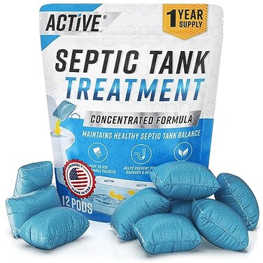 ACTIVE Septic Tank System Treatment Pods - 12 Dissolving PacketsEnzyme-Producing Live Bacteria Solution1 Year Supply Professional Eco-Friendly MaintenancePrevent Clogs, OdorBackupsMade in USA