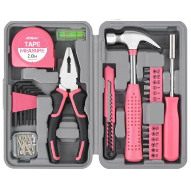 Hi-Spec Tool Set 25pc Pink Household DIY Tool Kit for Women. Small Mini Tool Box Set of Starter Basic Ladies Tools