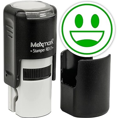 MaxMark Round Self Inking Emoji Stamp - Smiling - Green Ink