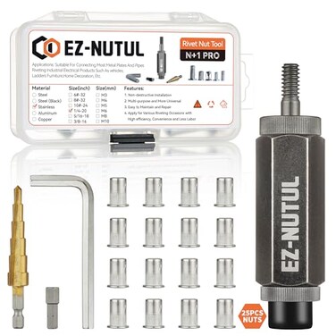 EZ-NUTUL Rivet Nut Installation Tool Set Flat Head Rivnut Threaded Insert Nut Kit SAEMetric for Metal Heavy Duty Zinc Plated Nutsert (1/4-20(Rivet Nut Tool-25pcs, Stainless