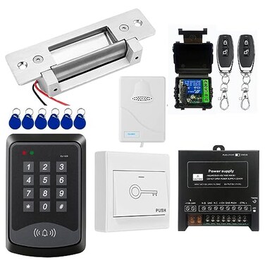 YUHANUS Door Access Control System RFID Keypad Electric Strike Lock Kit with Exit Button Doorbell Chime Remote Control