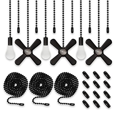 ELFCAB 6 Combo Ceiling Fan Pull Chain Set Including diameter 3mm Beaded Ball Fan Pull Chain Pendant Extra 12Pcs Pull Loop Connectors 3Pcs 36inches Extension Chains(Matte Black