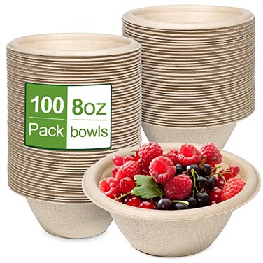 Groecycle 8oz Small Compostable Paper Bowls, 100 Pack Eco-Friendly Bagasse