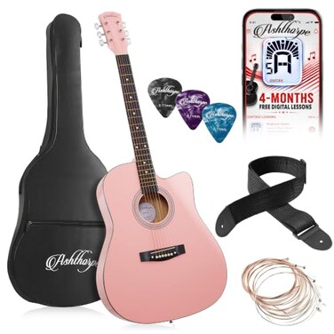 Ashthorpe 41-inch Beginner Cutaway Acoustic Guitar (Pink, Full Size Basic Starter Kit w/Gig Bag, Strings, Strap, Picks, and Lessons