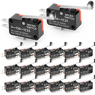 QCDENG 20PCS Micro Switch, 1NO 1NC SPDT 15A 125/250VAC Long Hinge Roller Lever Arm Switch for Electronic Equipment V-156-1C25