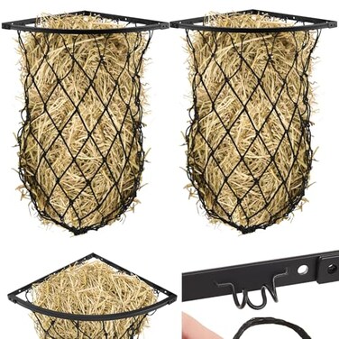 Yaocom 2 Set Black Wall Mount Hay Feeder with Net Collapsible Hay Rack with Net Slow Feeder for Horses Goats (Triangle